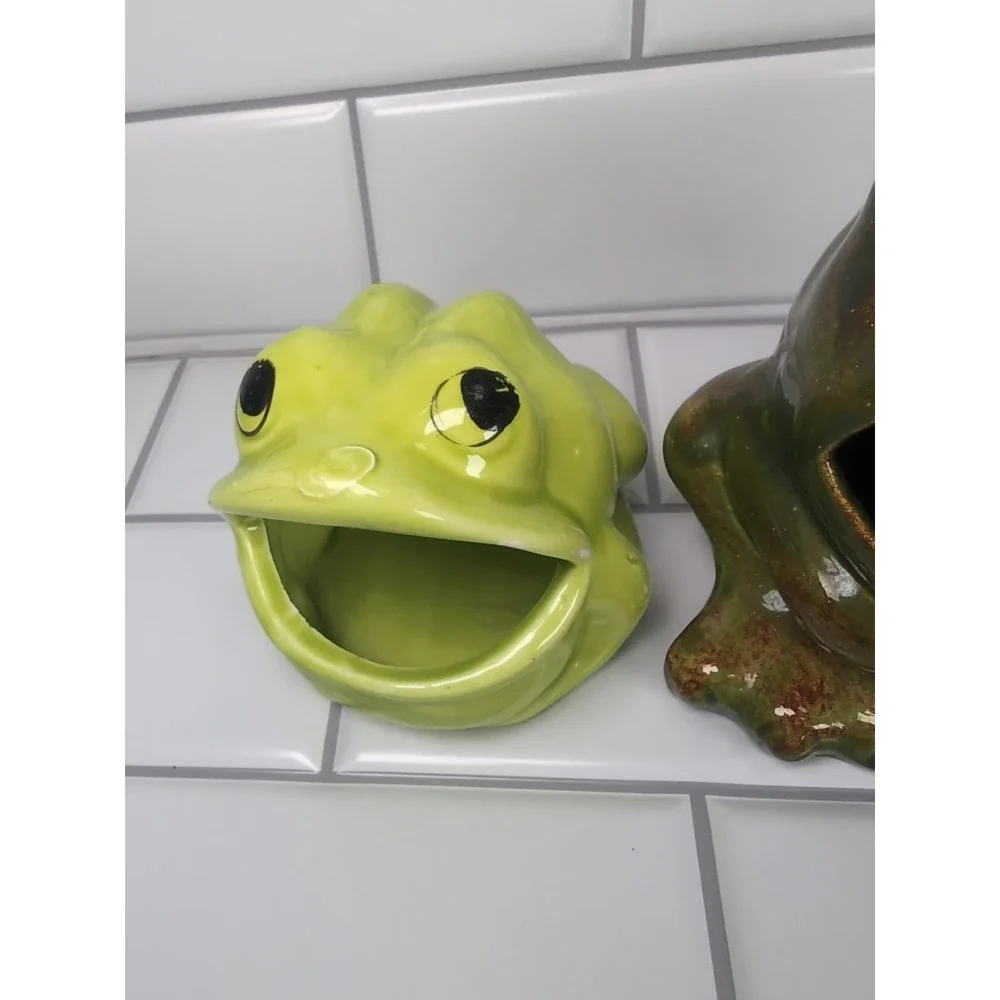 2 Vintage Frogs Ceramic Open Mouth Succulent Planters Pots Or Sponge Holders Set